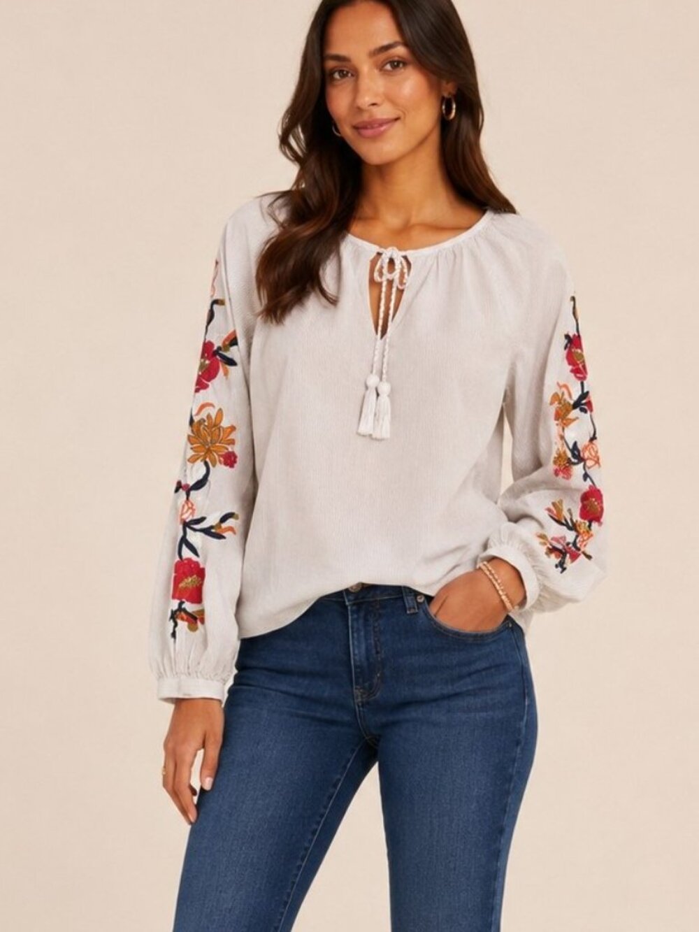 Dip Boho Blouse XS Gray Stripe Embroidered Floral Sleeves Tie Neck Cotton